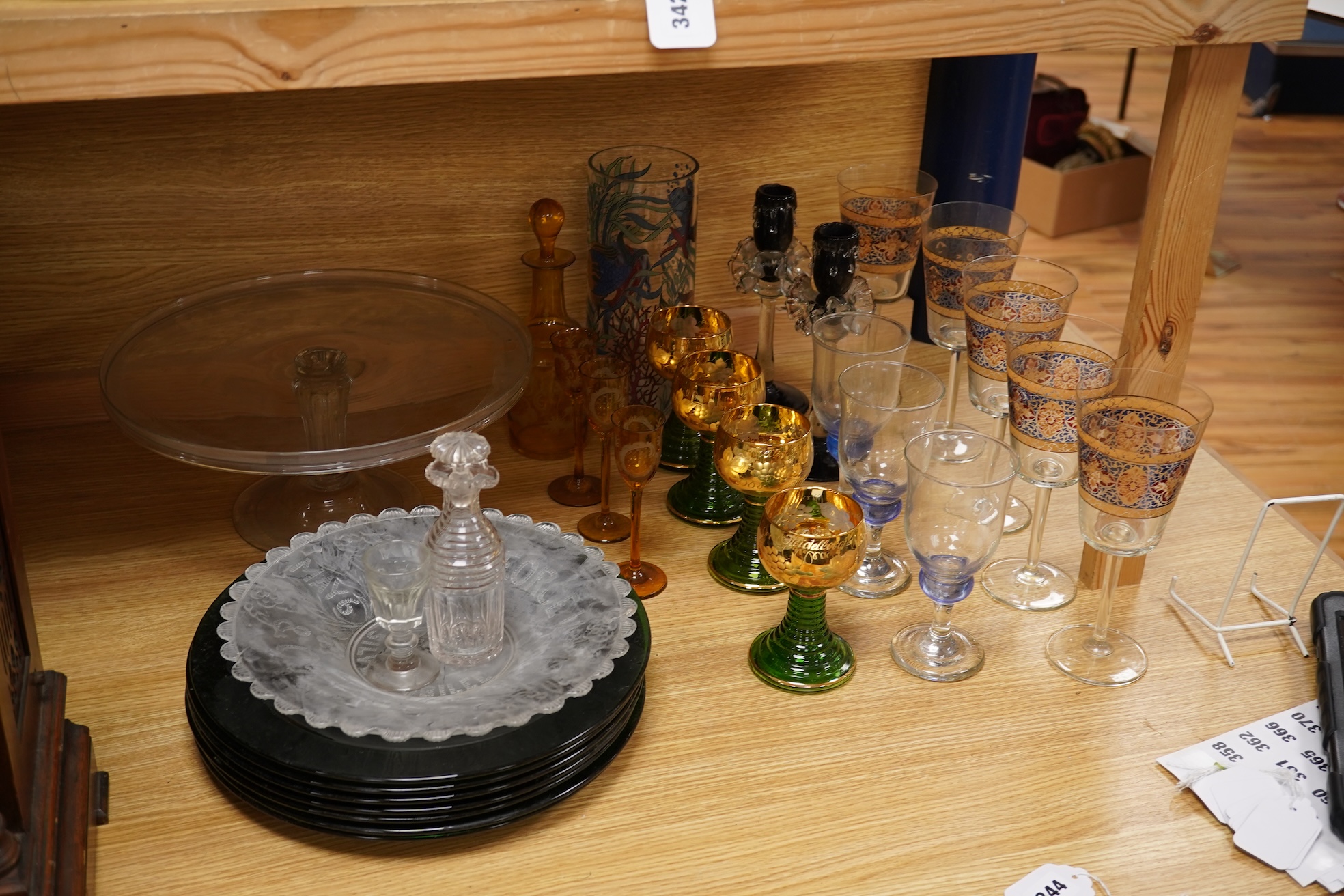 A quantity of 20th century coloured and clear glassware together with a mid 18th century Silesian stem glass tazza, largest 33cm in diameter